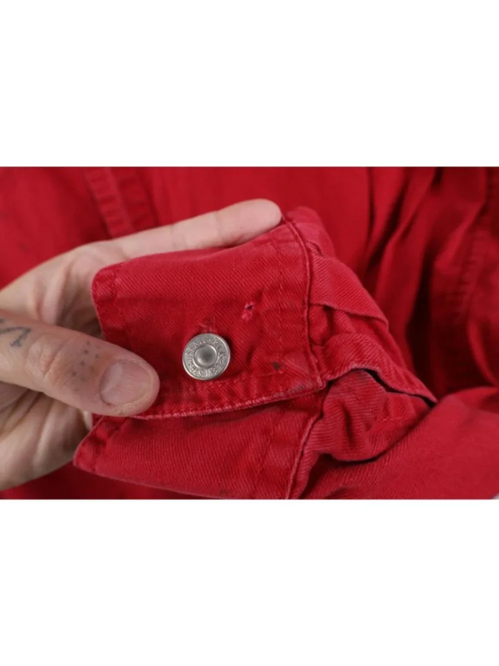 Vintage 90s Levis Mens Medium Distressed Collared Denim Jean Button Shirt Red